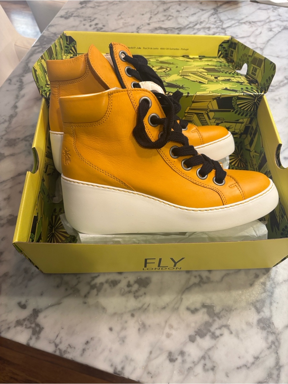 Fly London Mustard Yellow High-Top Wedge Sneakers